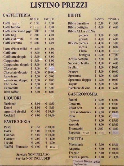 Menu di Caffè Vaticano 