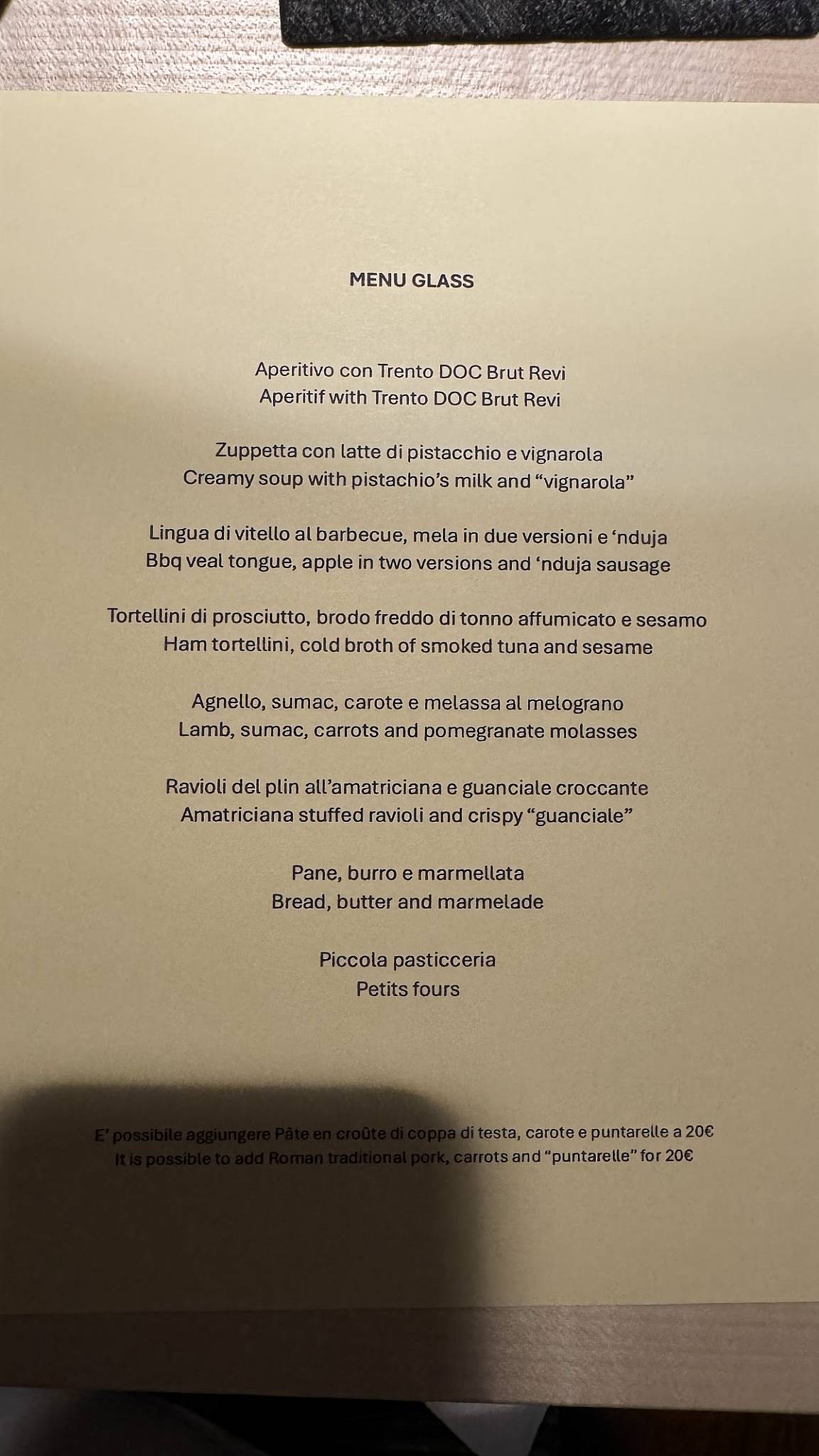 Menu di Glass Hostaria 