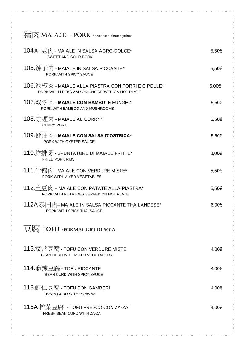Menu di La Casa D'Oro 