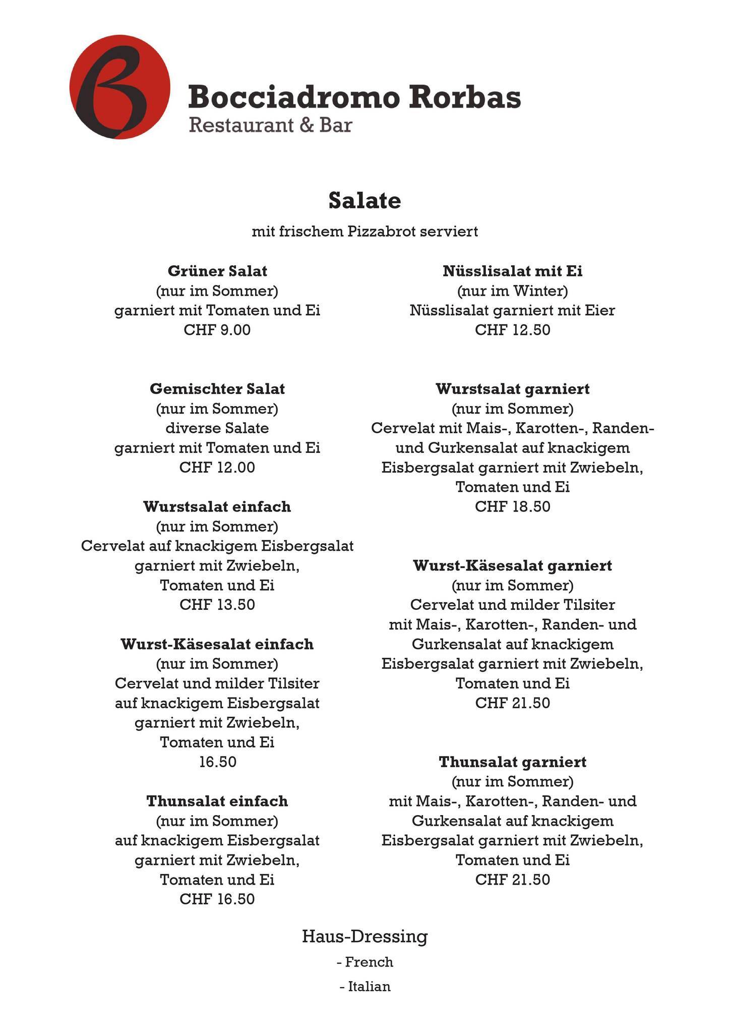 Menu de Restaurant Bocciadromo