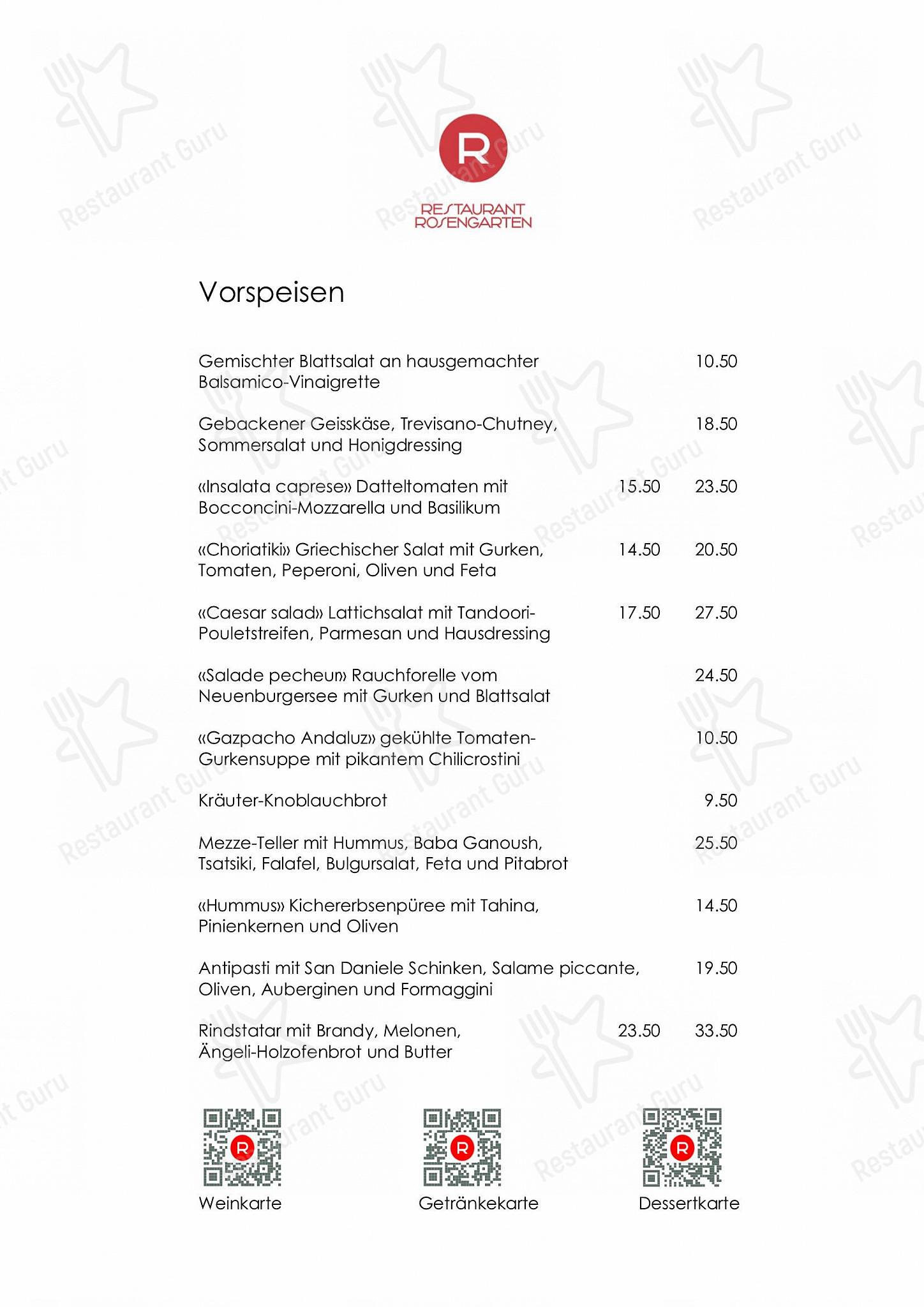 OUR MENU pour Restaurant Rosengarten dans Berne