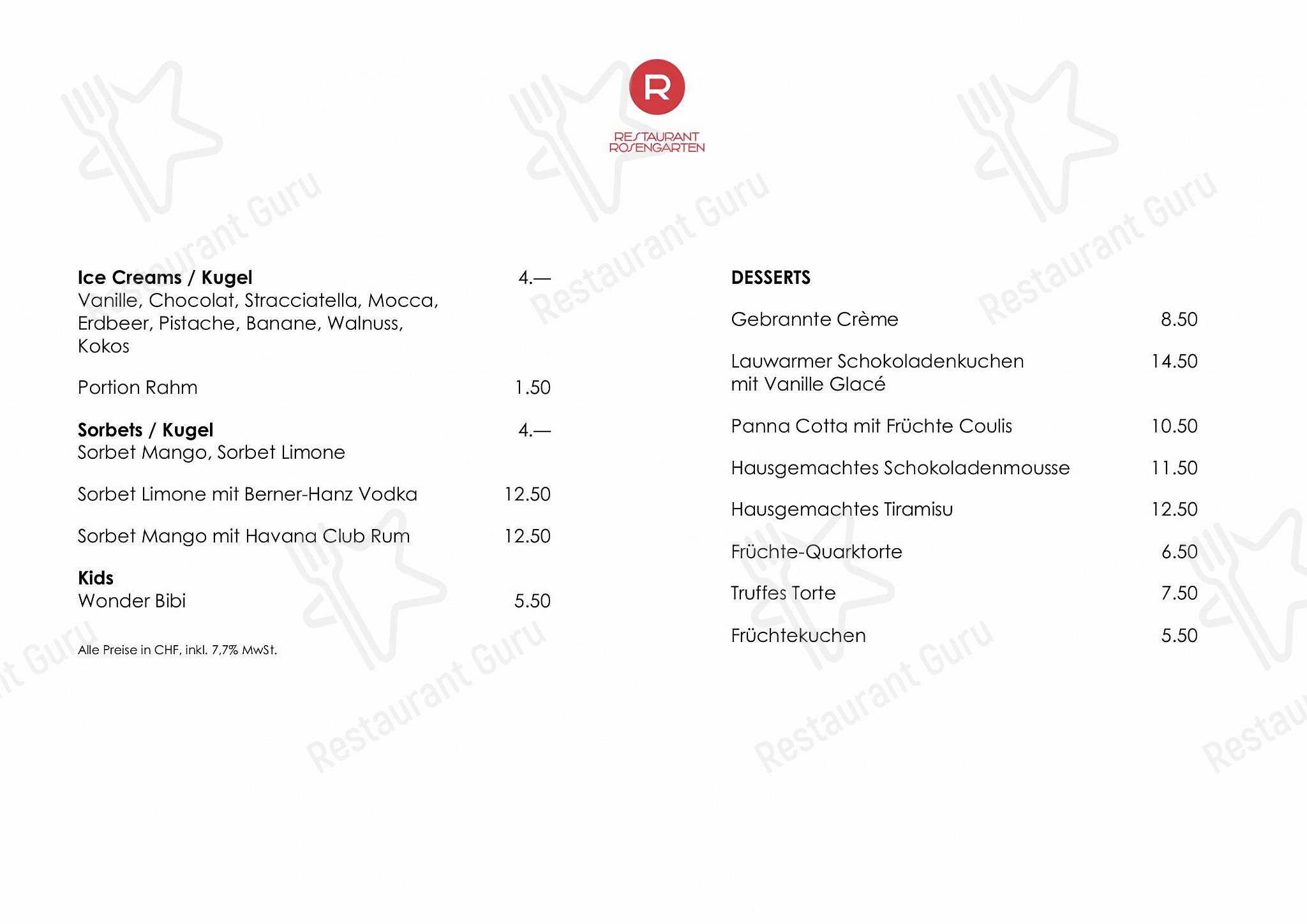 Menu pour Restaurant Rosengarten - OUR MENU