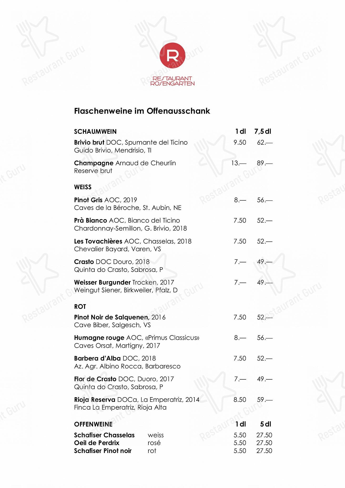 OUR MENU pour Restaurant Rosengarten dans Berne