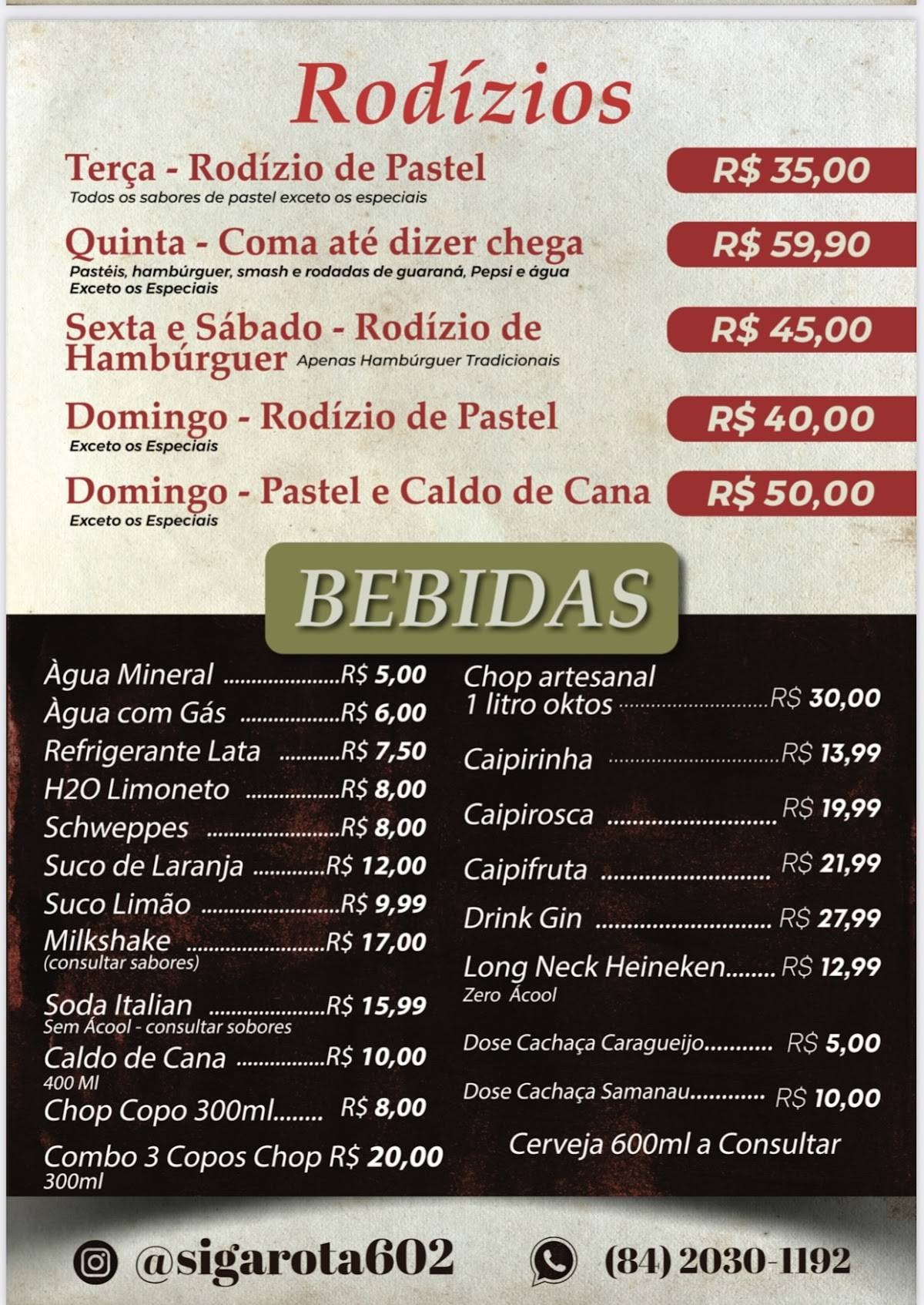 Rota 602 Hamburgueria , pastelaria e massas cardápio