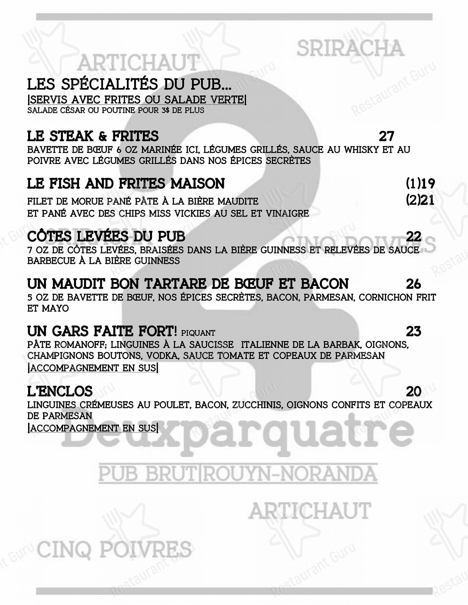 Menu au Deuxparquatre, Pub Brut, RouynNoranda
