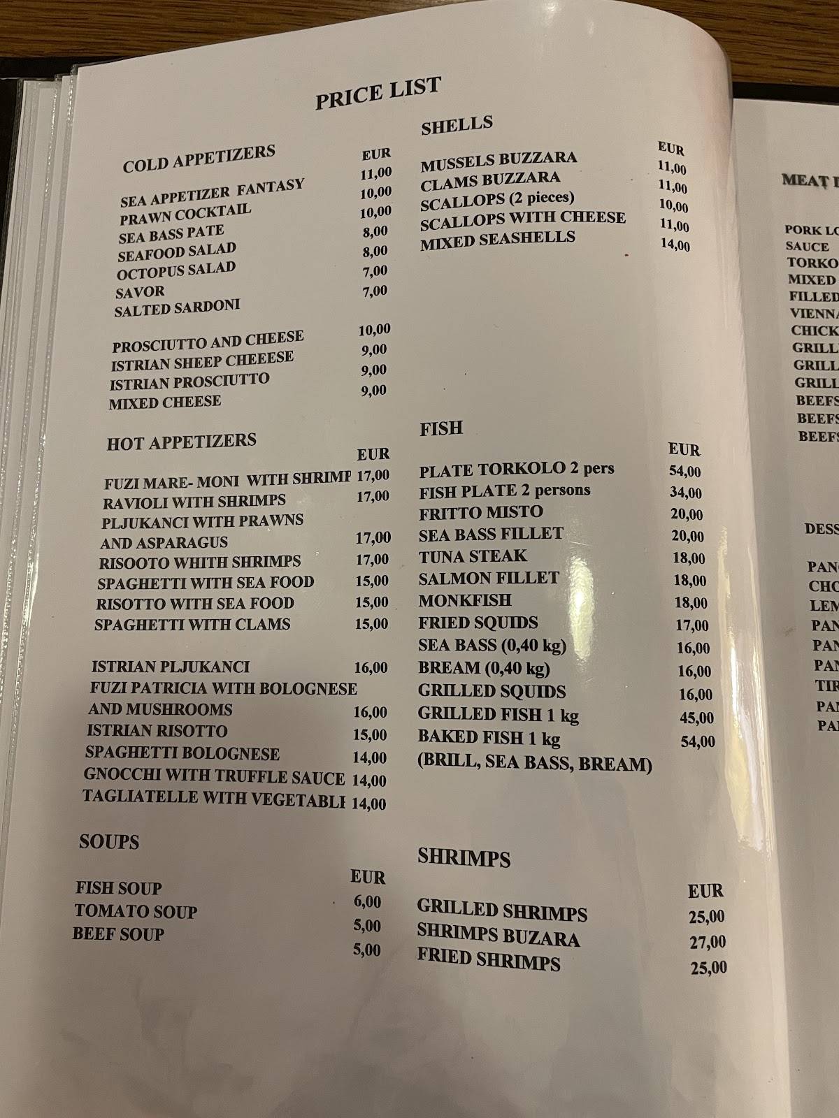 Menu di Torkolo restaurant 