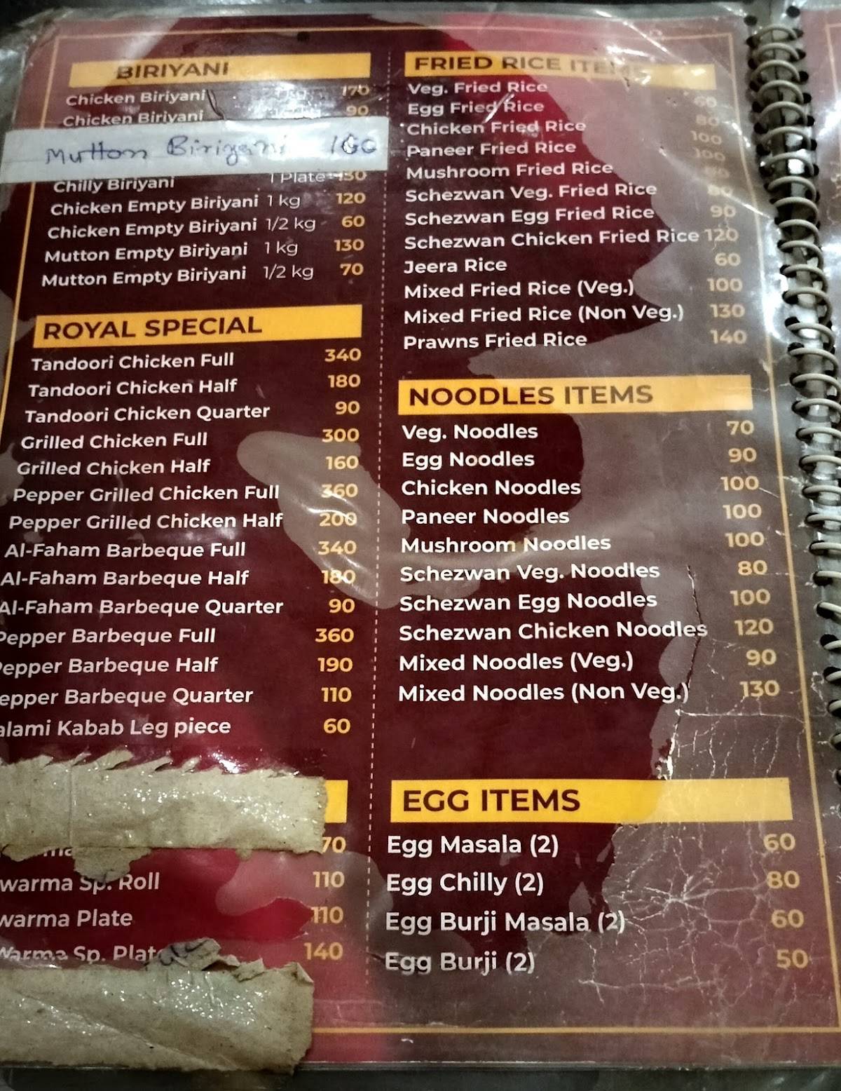 Royal biriyani and fast food menu