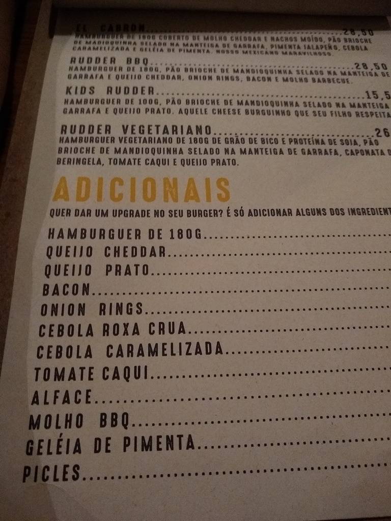 Rudder Burger cardápio