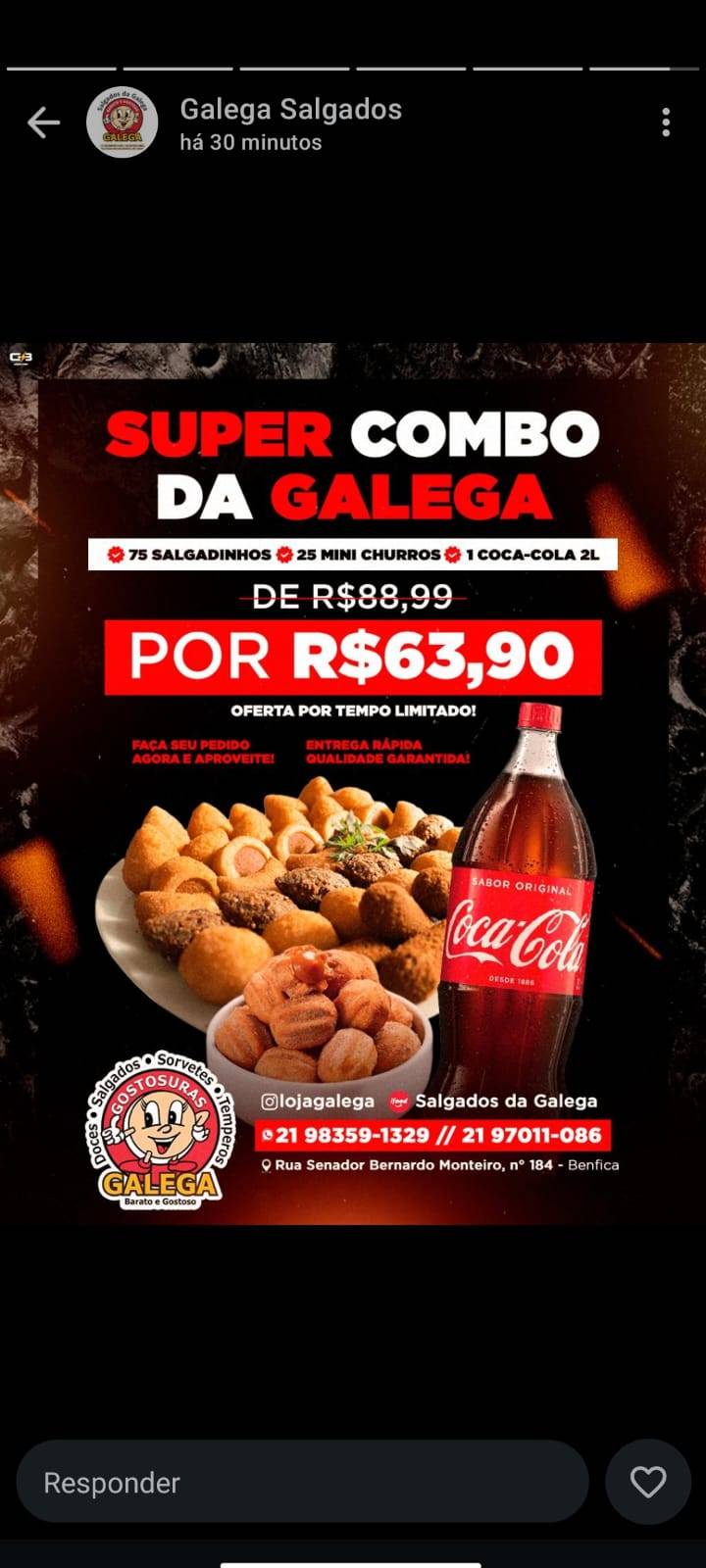 SALGADOS DA GALEGA RJ BENFICA cardápio