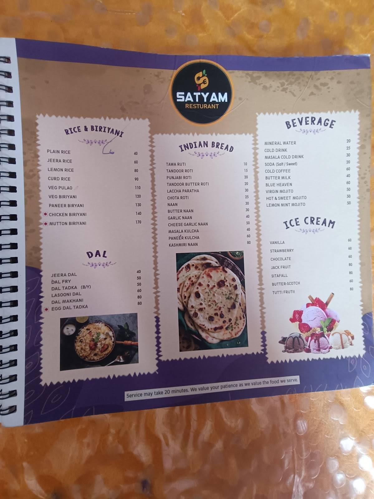 SATYAM RESTURANT menu