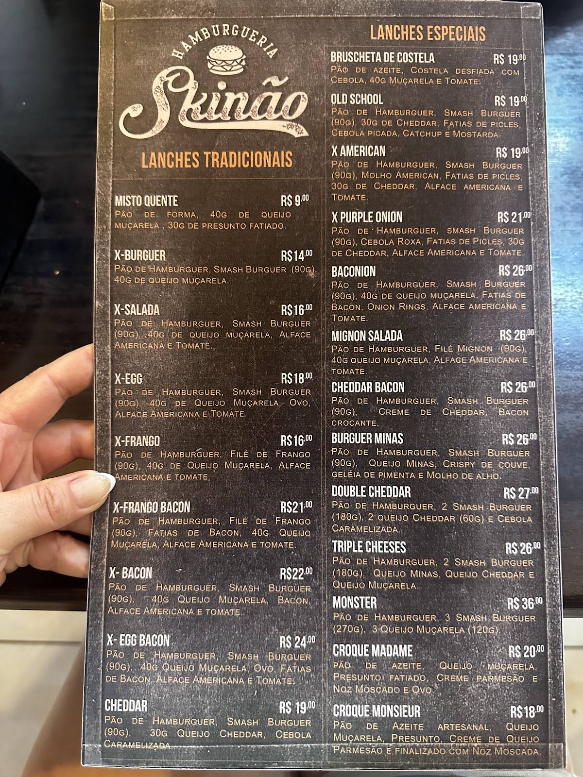 SKINÃO HAMBURGUERIA cardápio
