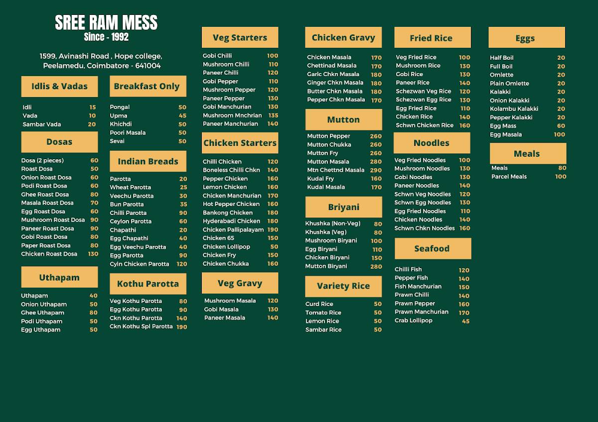 Sri Ram Mess menu