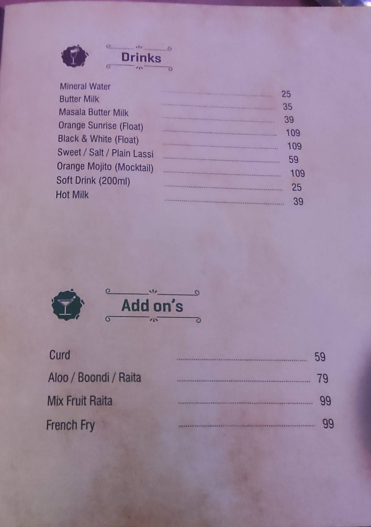 SUBH RESTAURANT menu