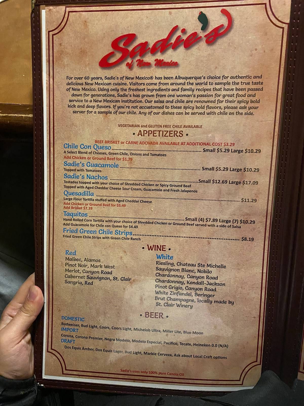 Menu at Sadie's of New Mexico restaurant, Los Ranchos de Albuquerque ...