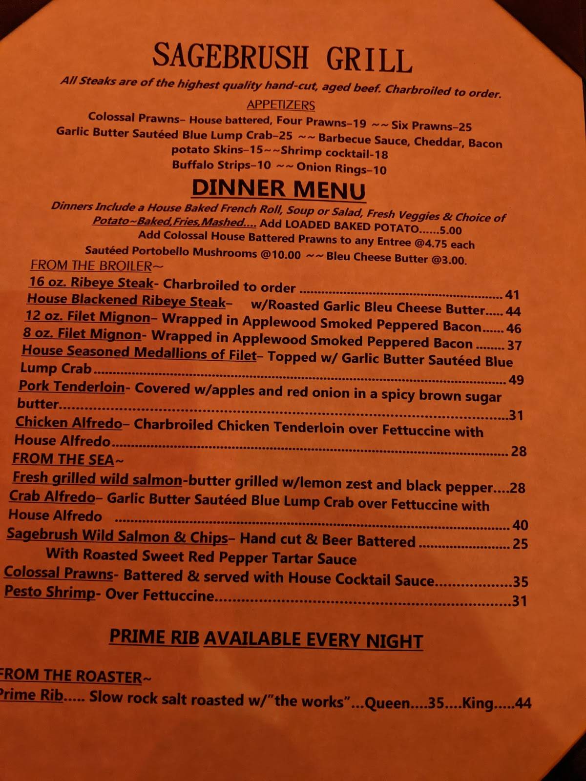 Menu at SAGEBRUSH GRILL steakhouse, Richfield