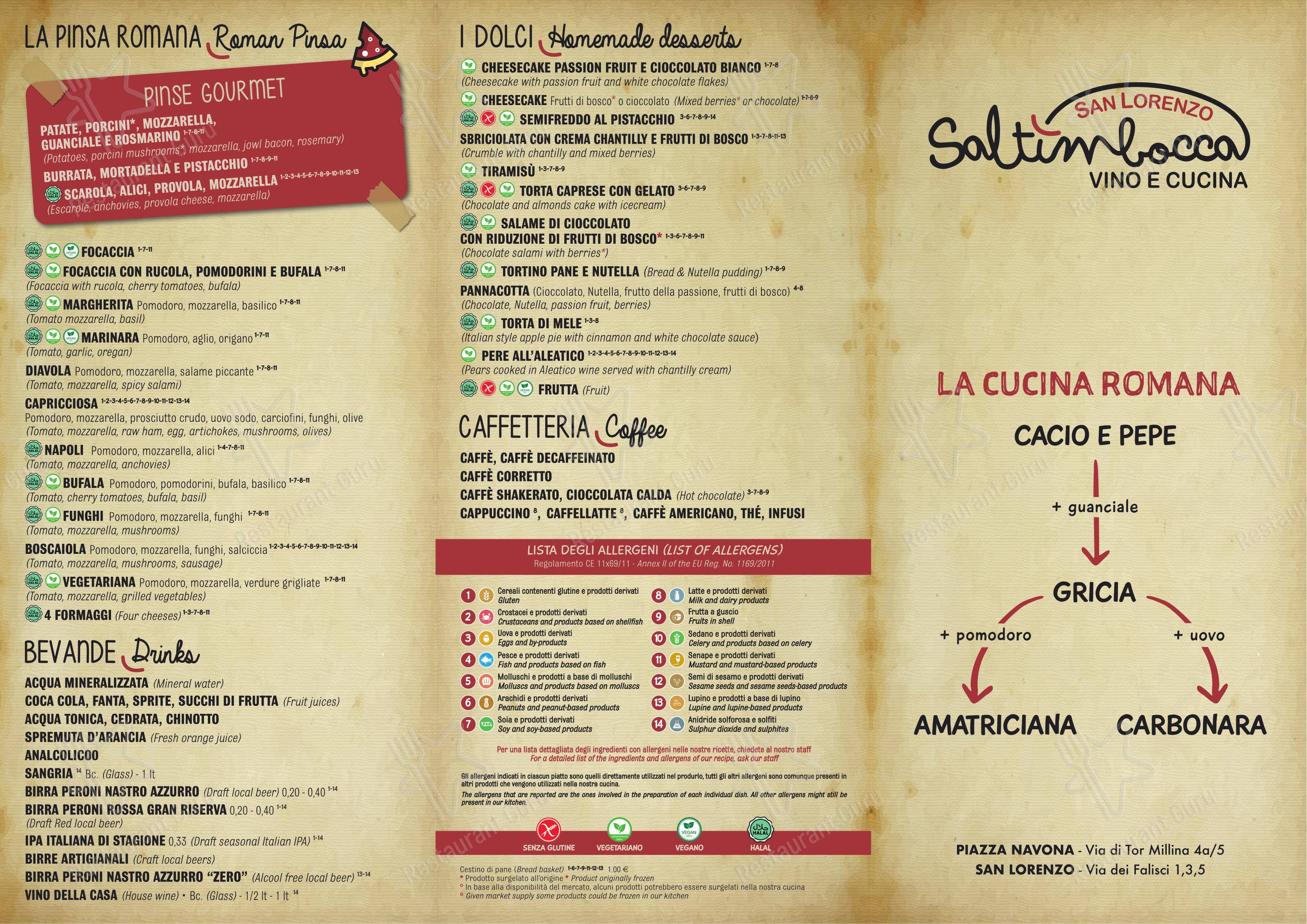 Menu di Saltimbocca ristorante - Menu