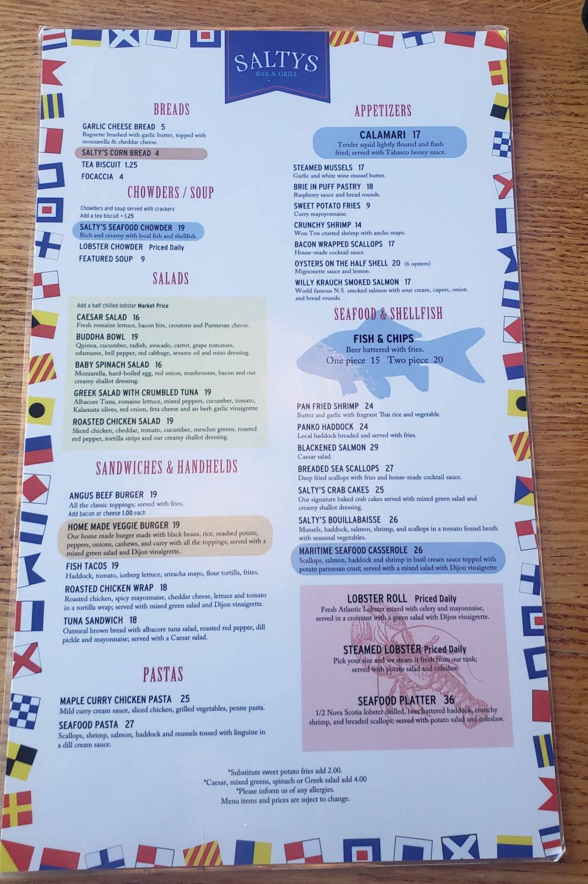 Menu At Salty s Restaurant Halifax Menu At Salty s Restaurant Halifax