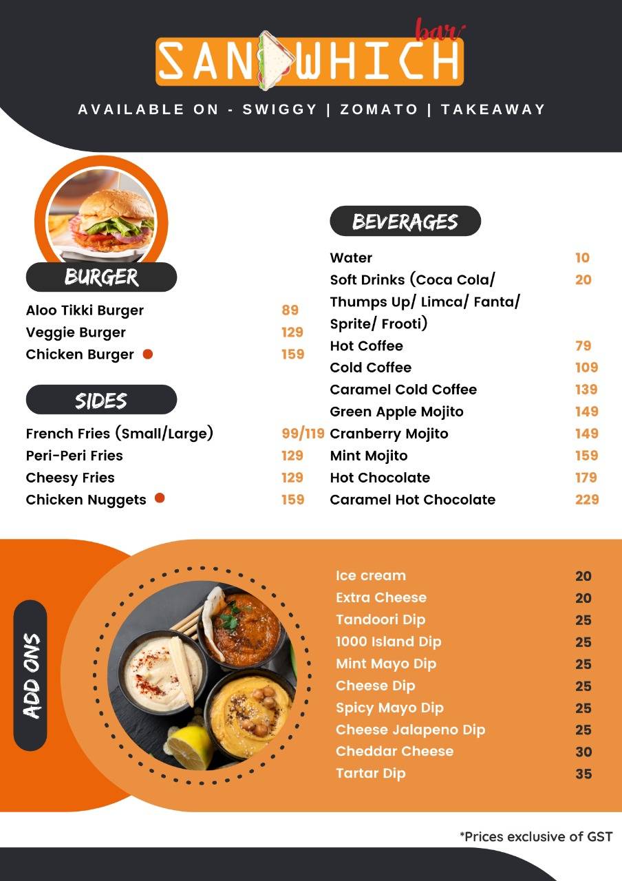 Sandwhich Bar menu