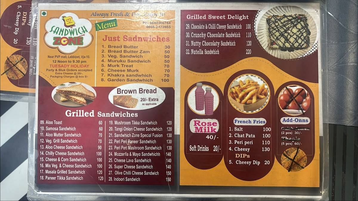 Sandwich Zone menu
