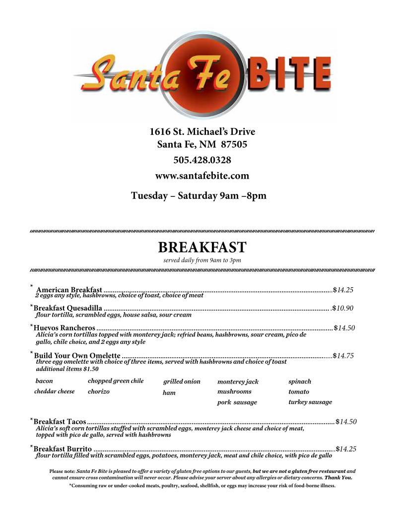 Menu at Santa Fe Bite restaurant, Santa Fe, St Michaels Dr