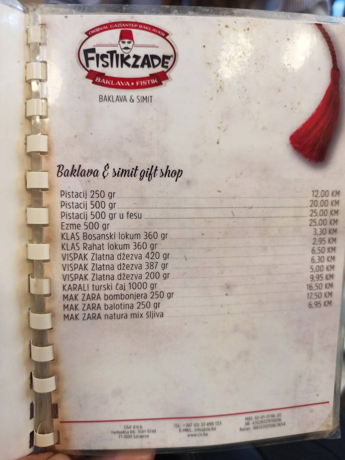 Menu at Fistikzade desserts, Sarajevo