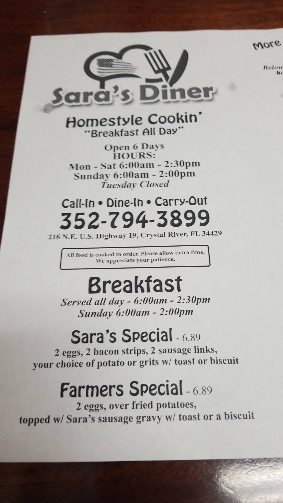 Menu at Sara's Diner restaurant, Crystal River