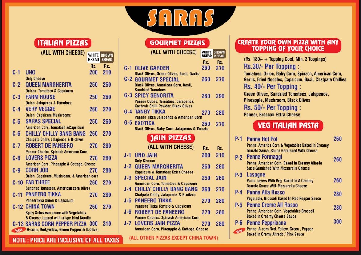 Saras food parlour menu