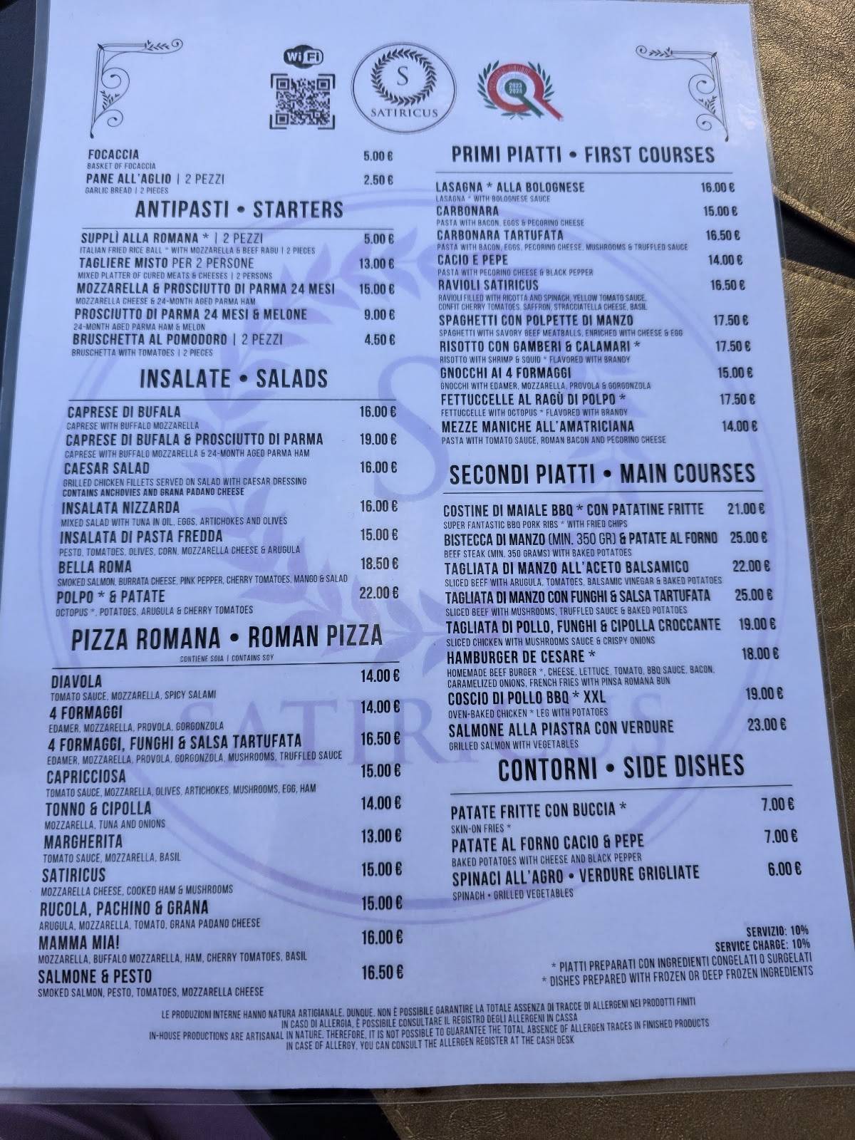 Menu de Satiricus Ristorante Pizzeria