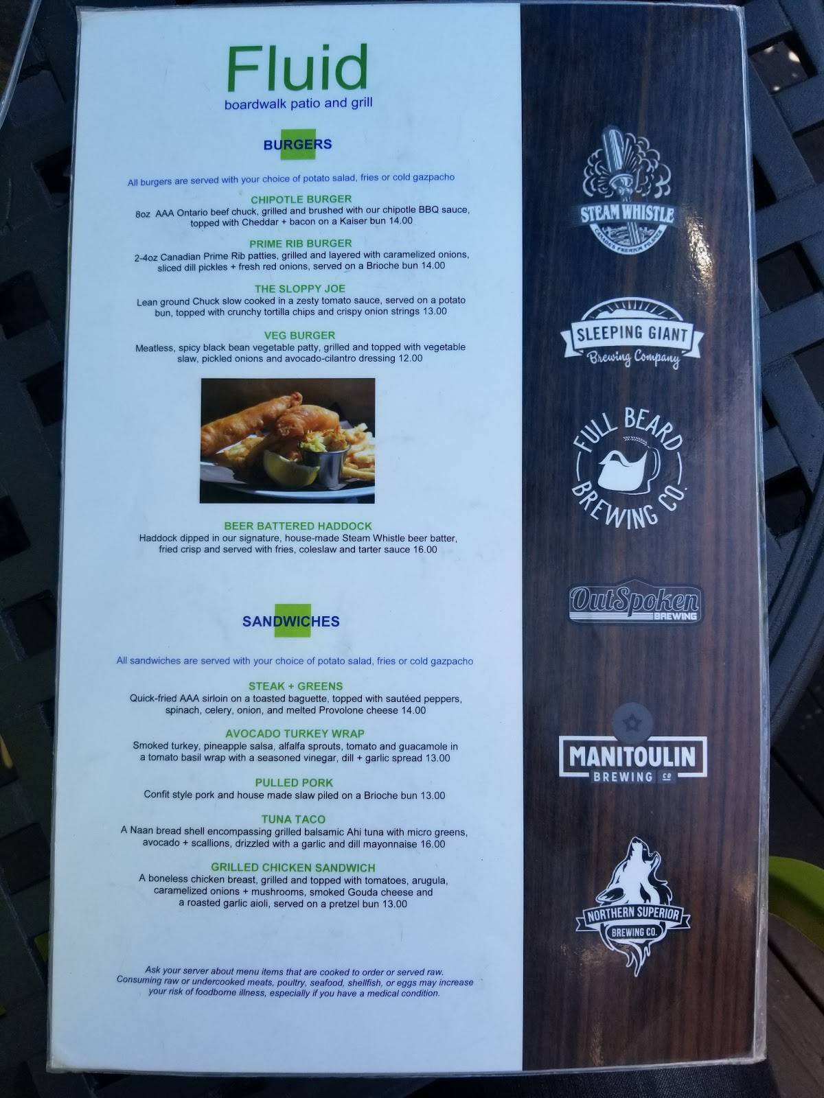 Menu at Fluid Boardwalk Patio and Grill pub & bar, Sault Ste. Marie