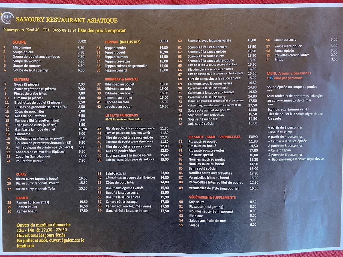 Menu at Savoury Chinees, Korean & Japans Restaurant, Nieuwpoort
