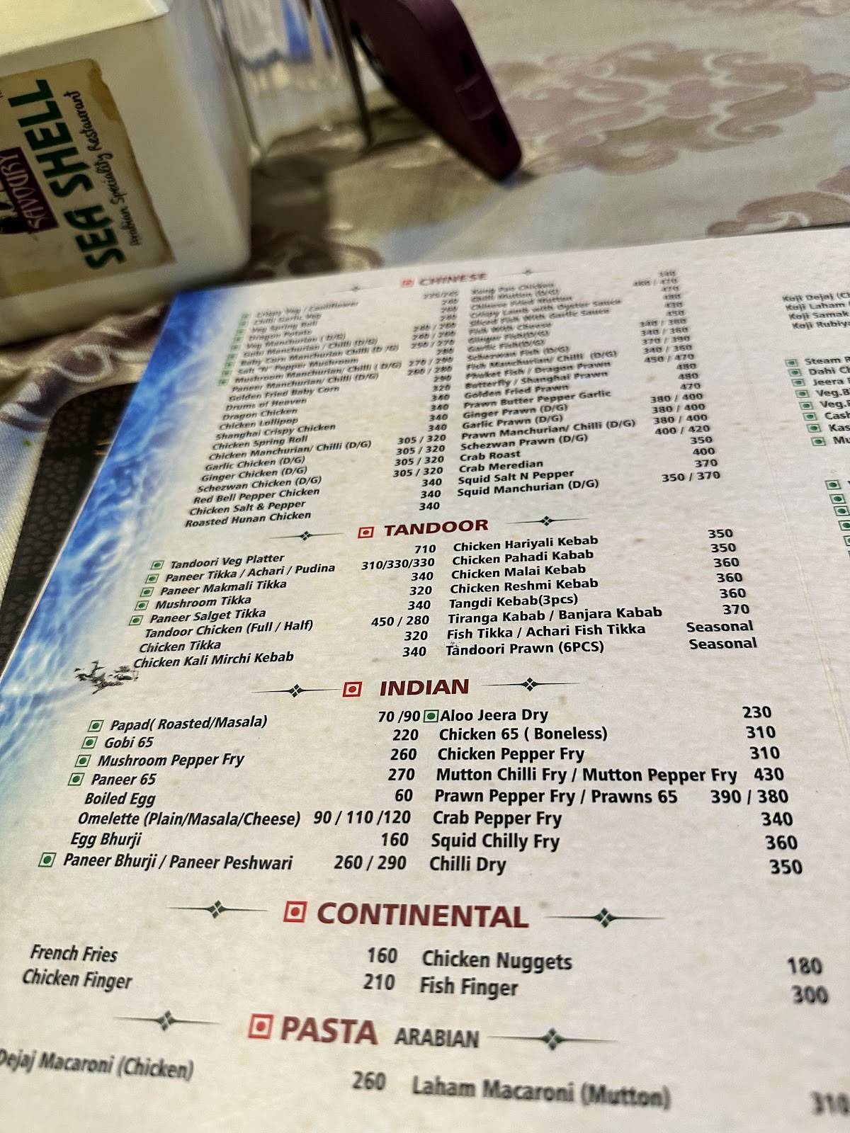 Savoury Sea Shell Restaurant menu