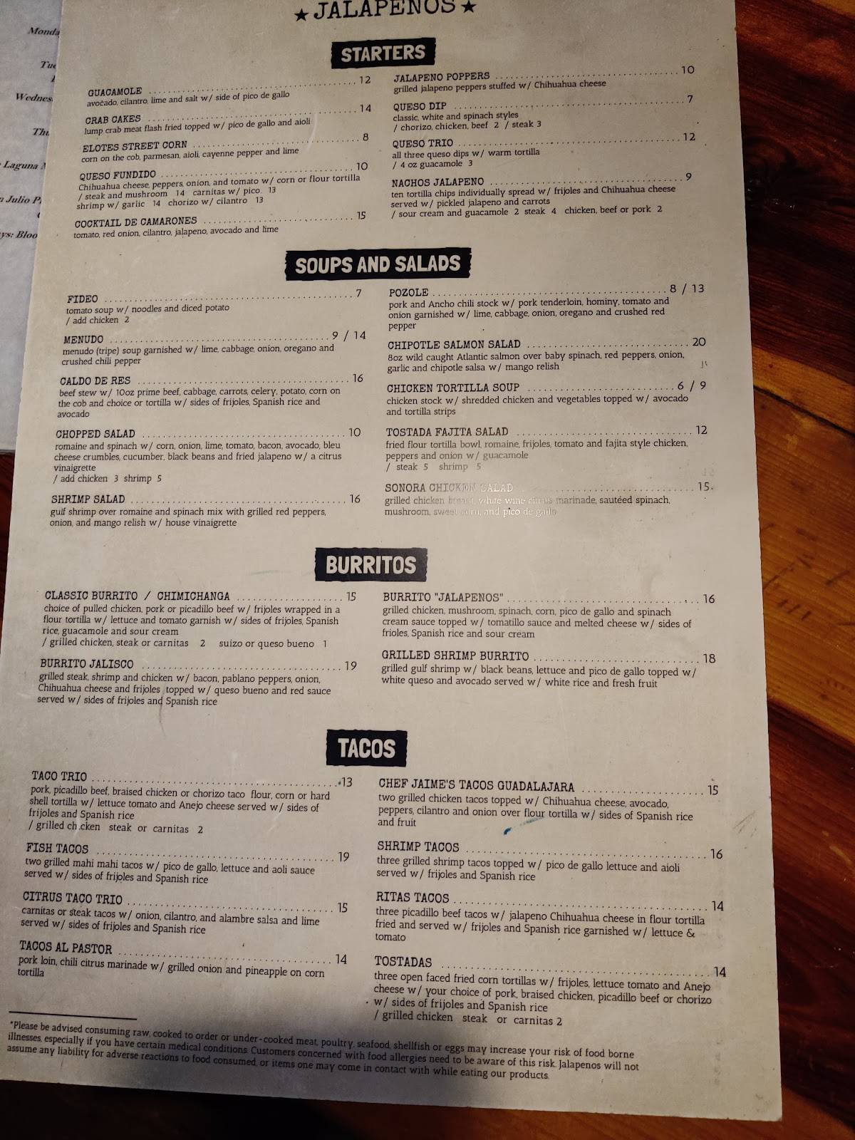 Menu at Jalapeños pub & bar, Schererville