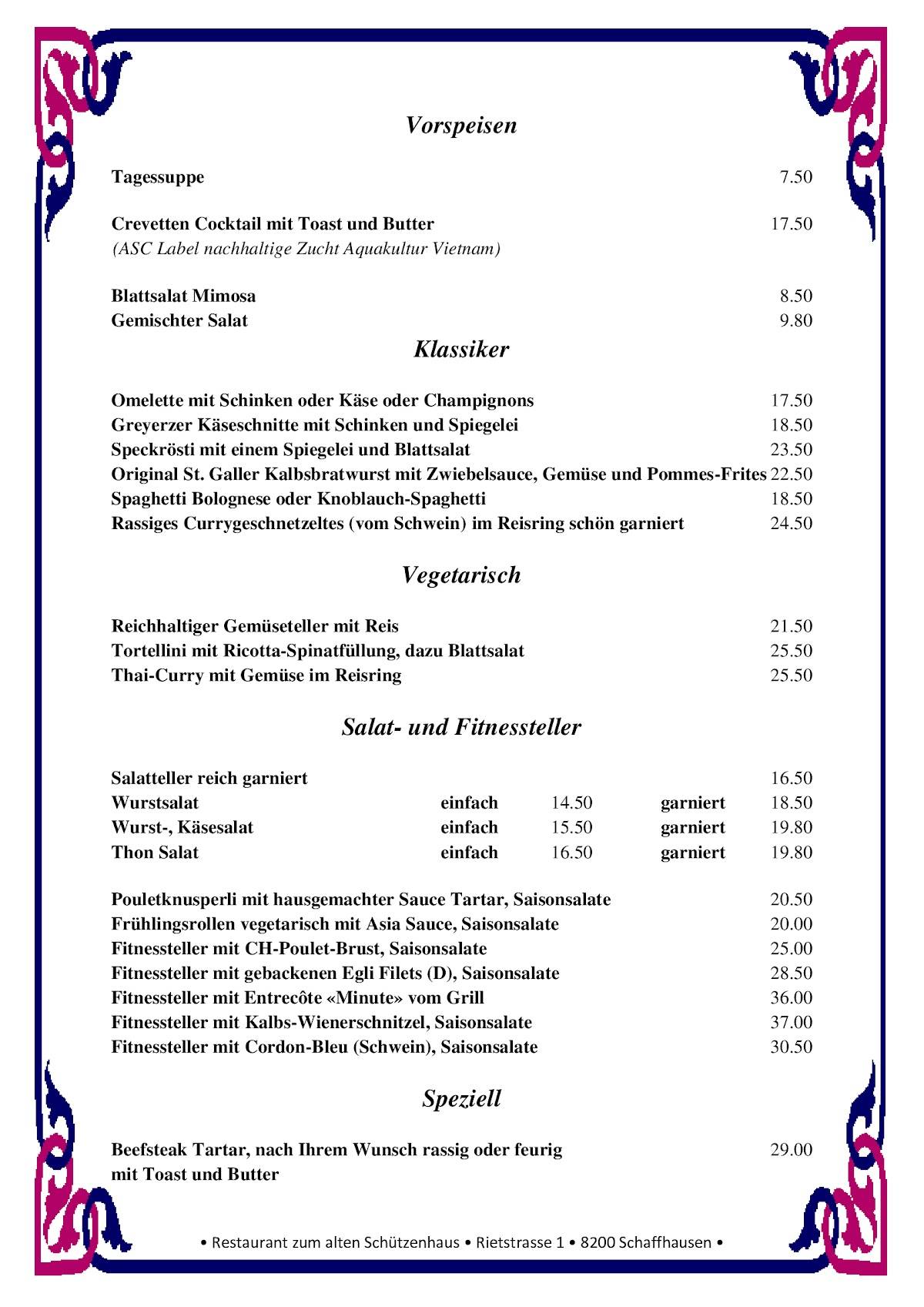 Menu di Schweizer Küche Events Restaurant Zum Alten Schützenhaus 