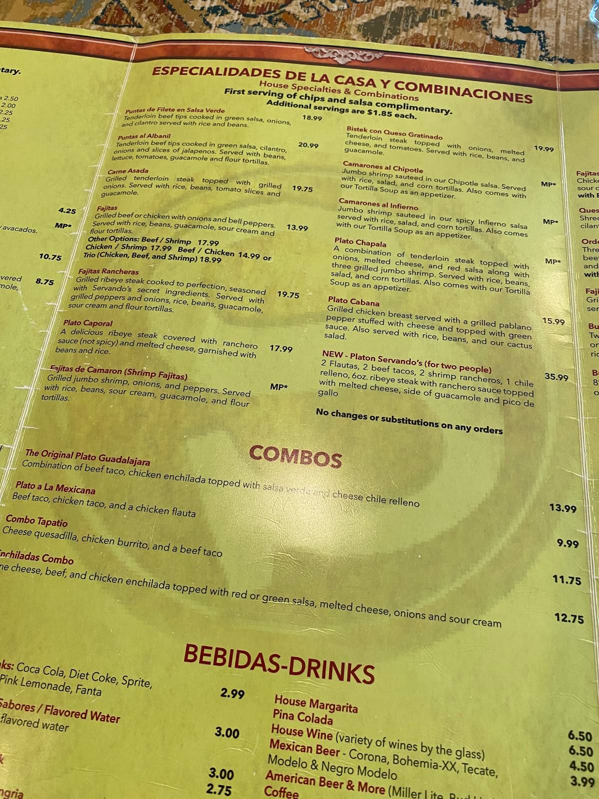 Menu at Servando's restaurant, Winter Garden