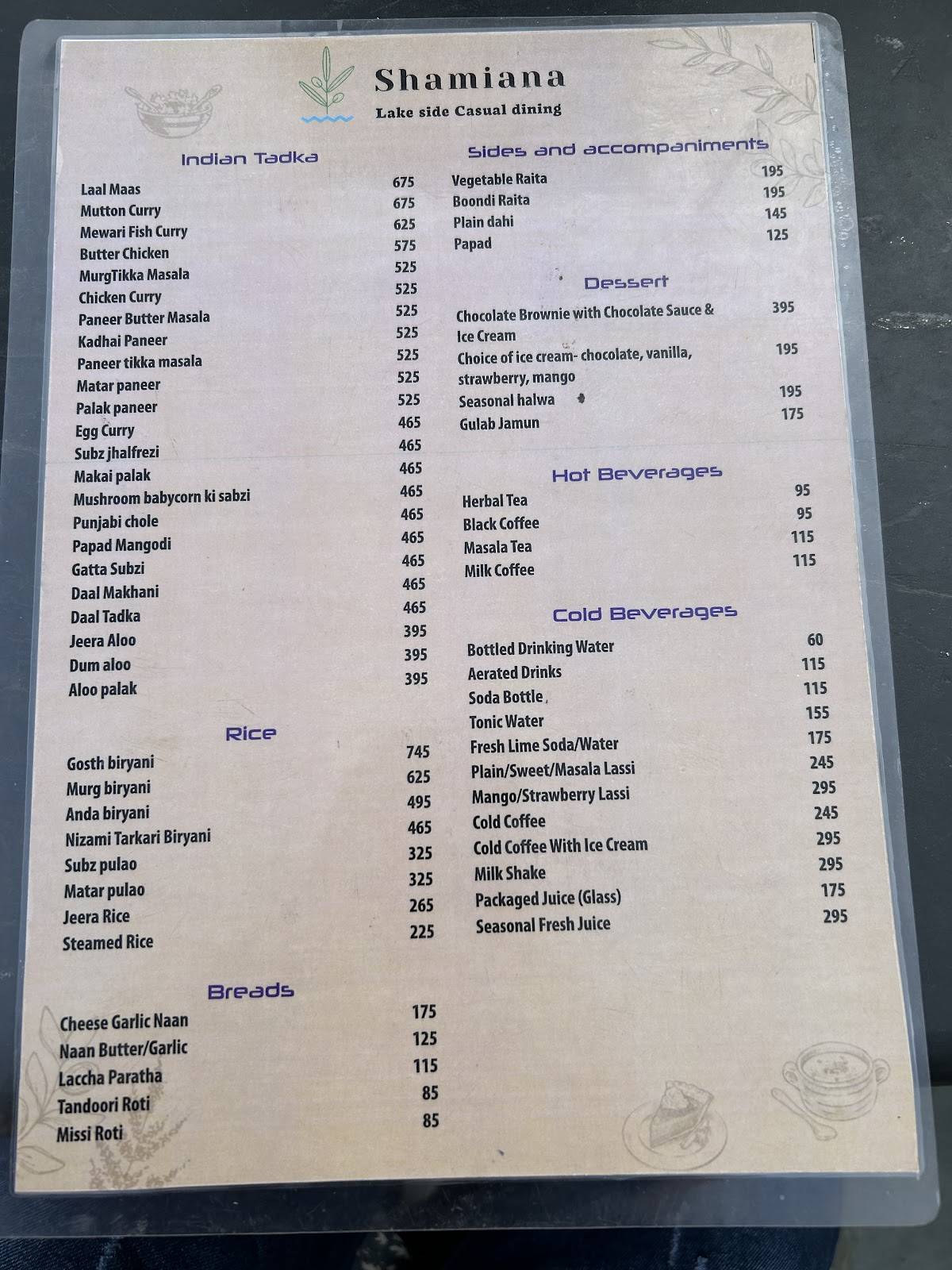 Shamiana Roof Top Restaurant & Lounge menu