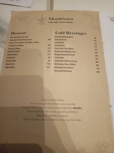 Shamiana Roof Top Restaurant & Lounge menu