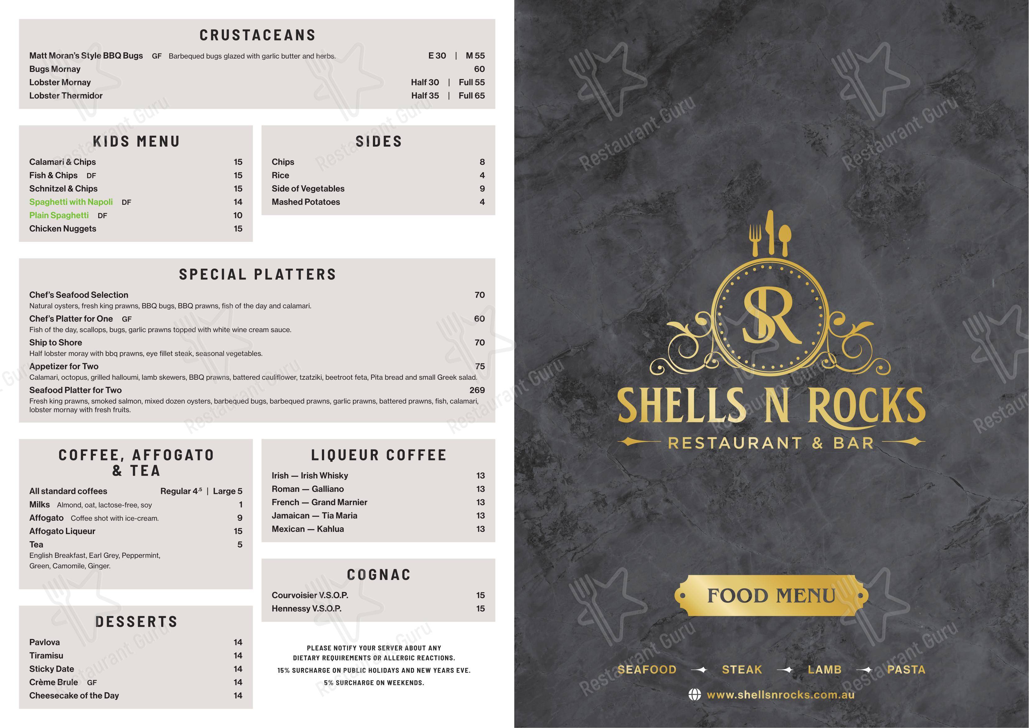 Menu at Shells N Rocks Restaurant and Bar, Coolangatta