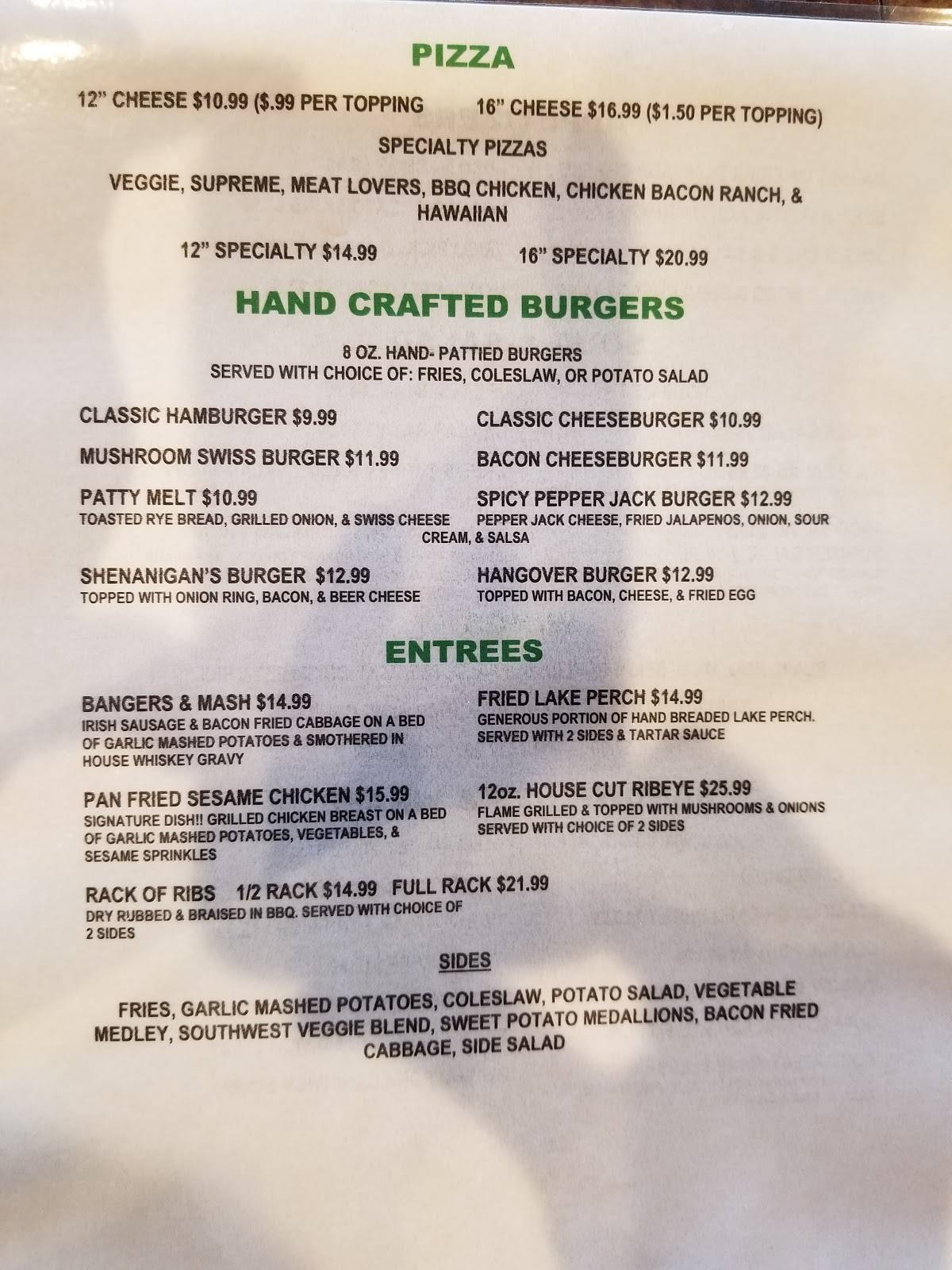 Menu at Shenanigans pub & bar, Portage, US20