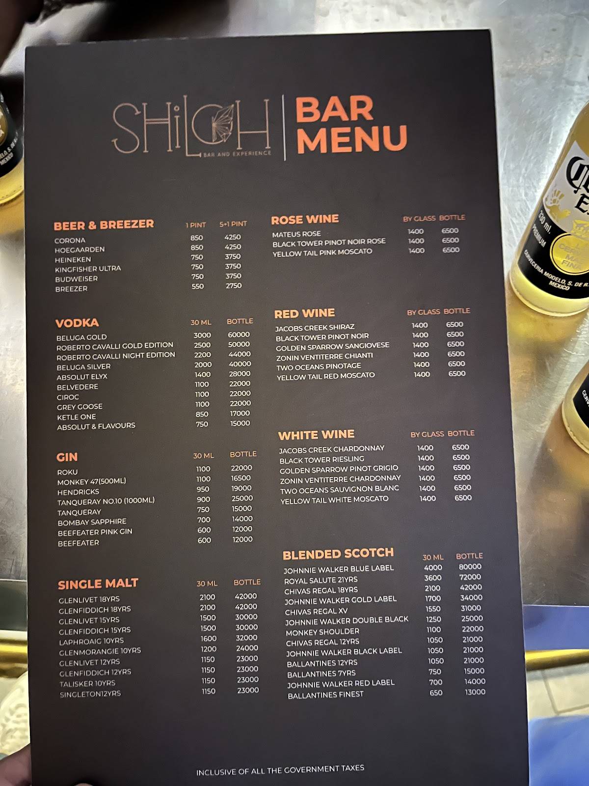 Shiloh Bar & Experience menu