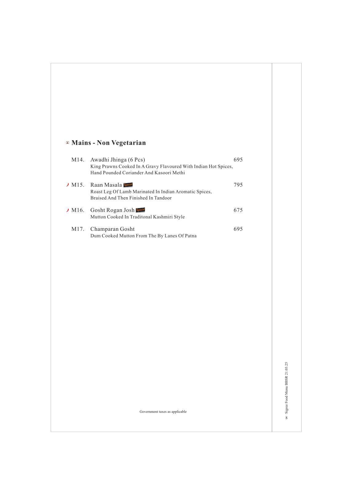 Sigree Restaurant - Nexus Esplanade Mall, Bhubaneshwar menu