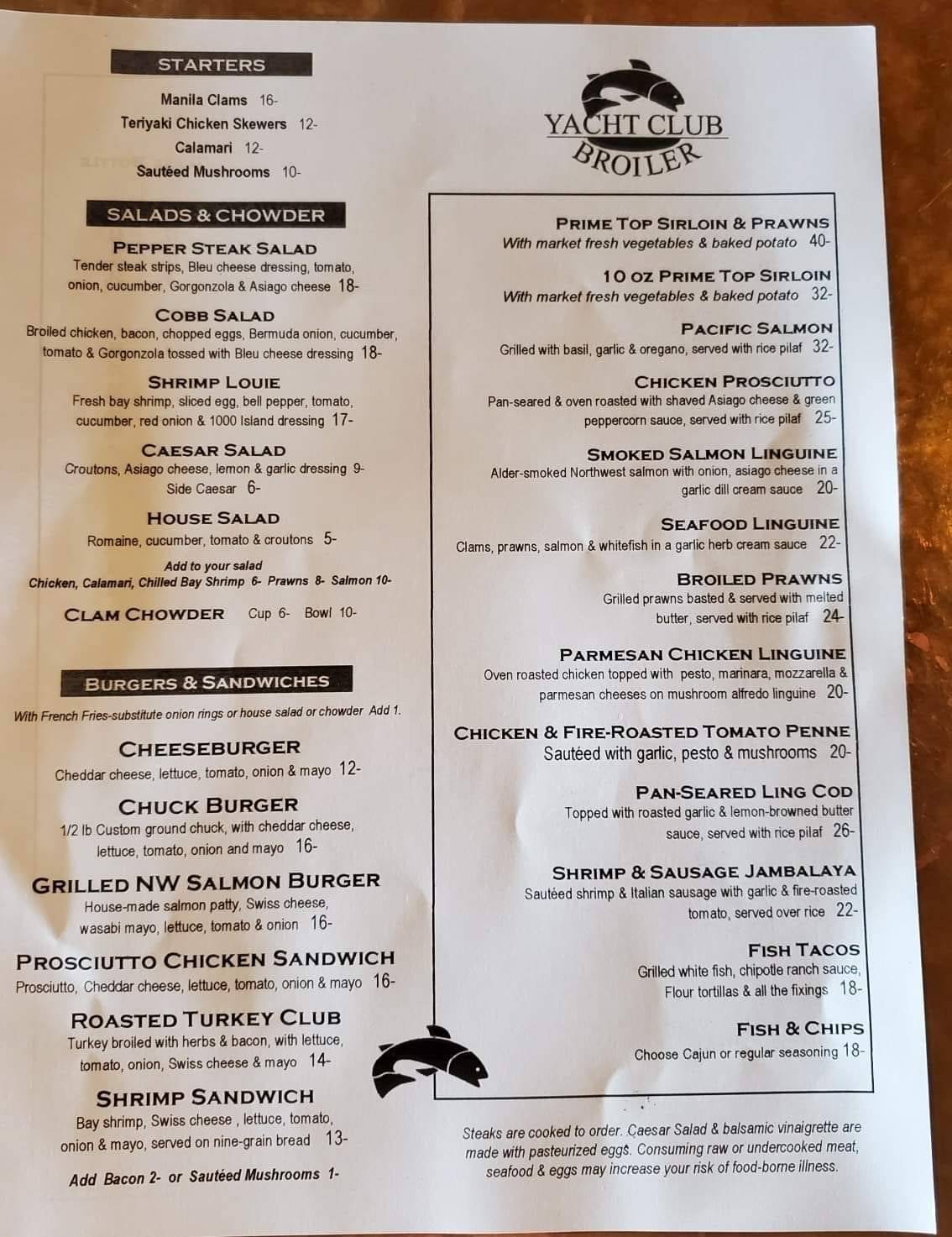 Yacht Club Broiler menu