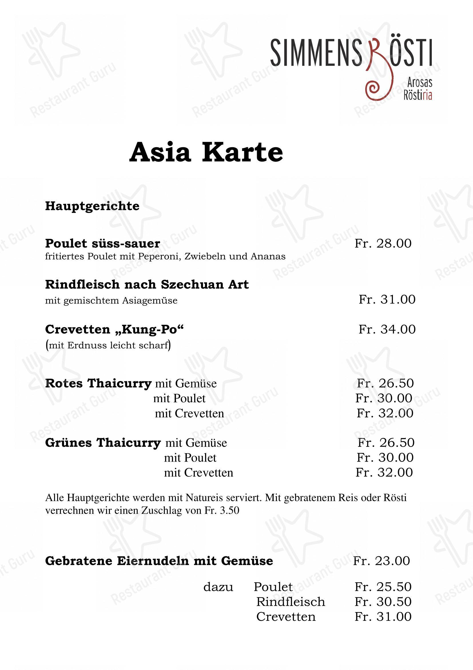 Menu di Simmen's Rösti - Menu bar