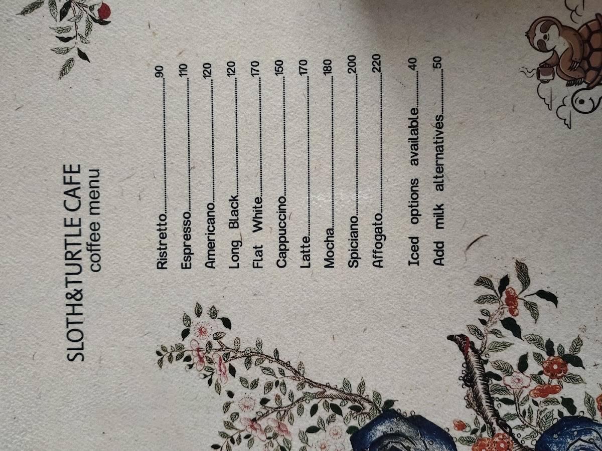 Sloth and Turtle Cafe menu