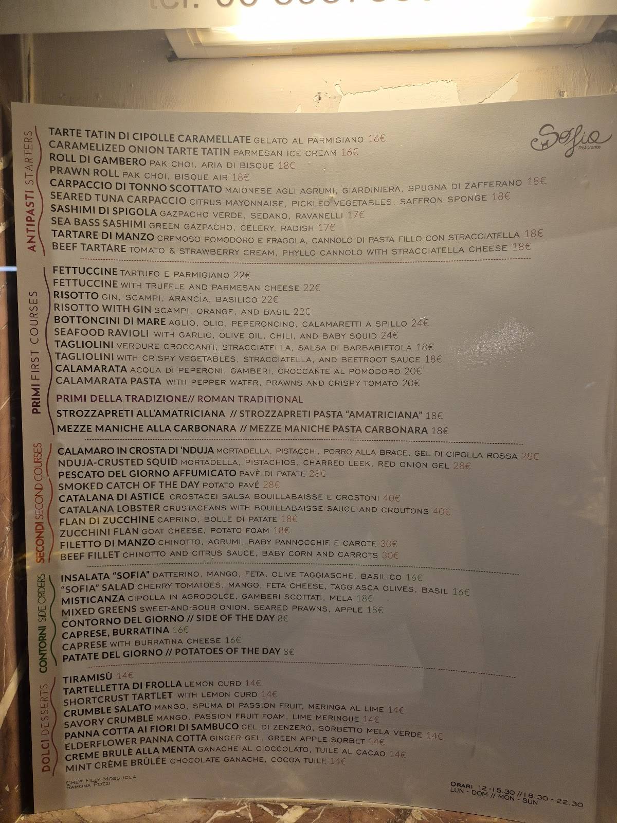 Menu di Ristorante Sofia Roma-Cucina Italiana 