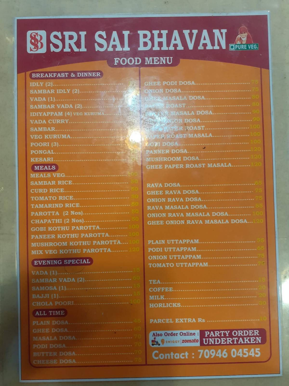Sri Sai Bhavan menu