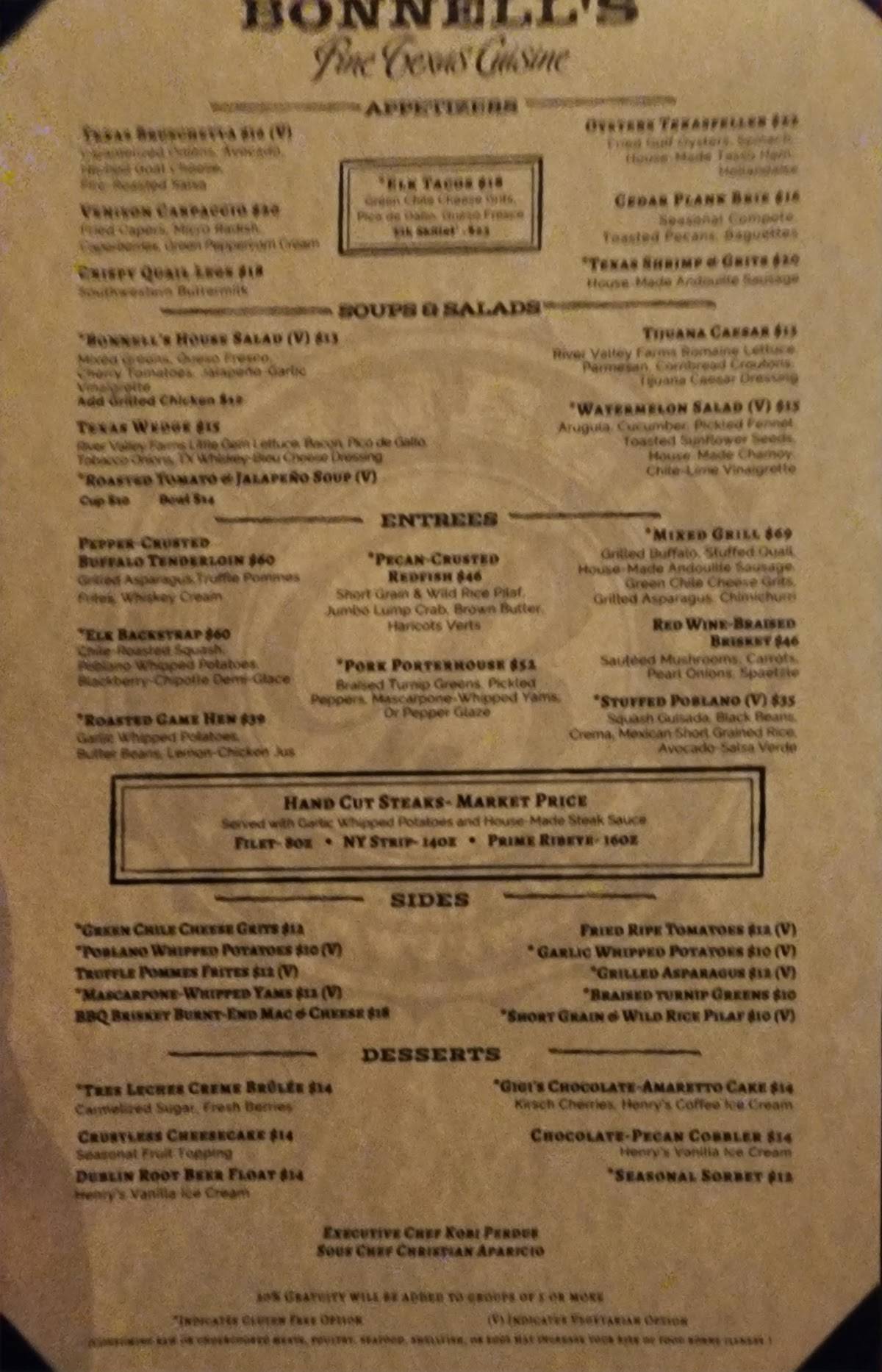 Menu at Bonnell's Fine Texas Cuisine steakhouse, Fort Worth