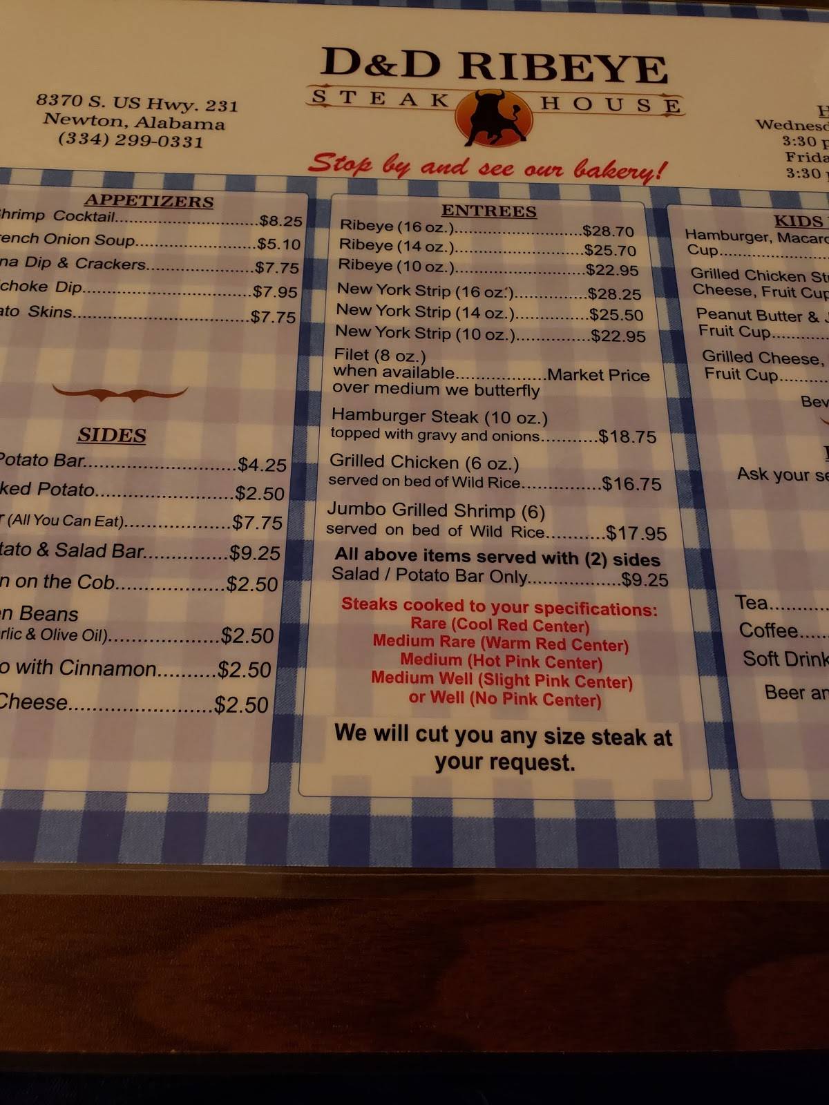 Menu at D&D Ribeye Steak House steakhouse, Newton, US231