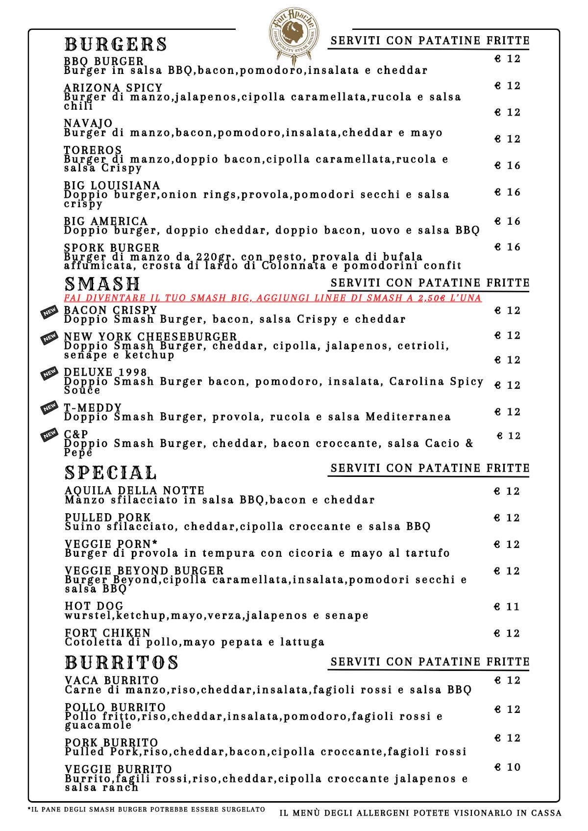 Menu di Fort Apache Capannelle 