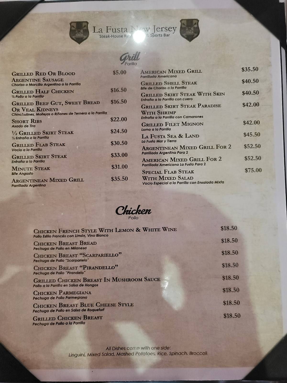 Menu at La Fusta New Jersey steakhouse, North Bergen