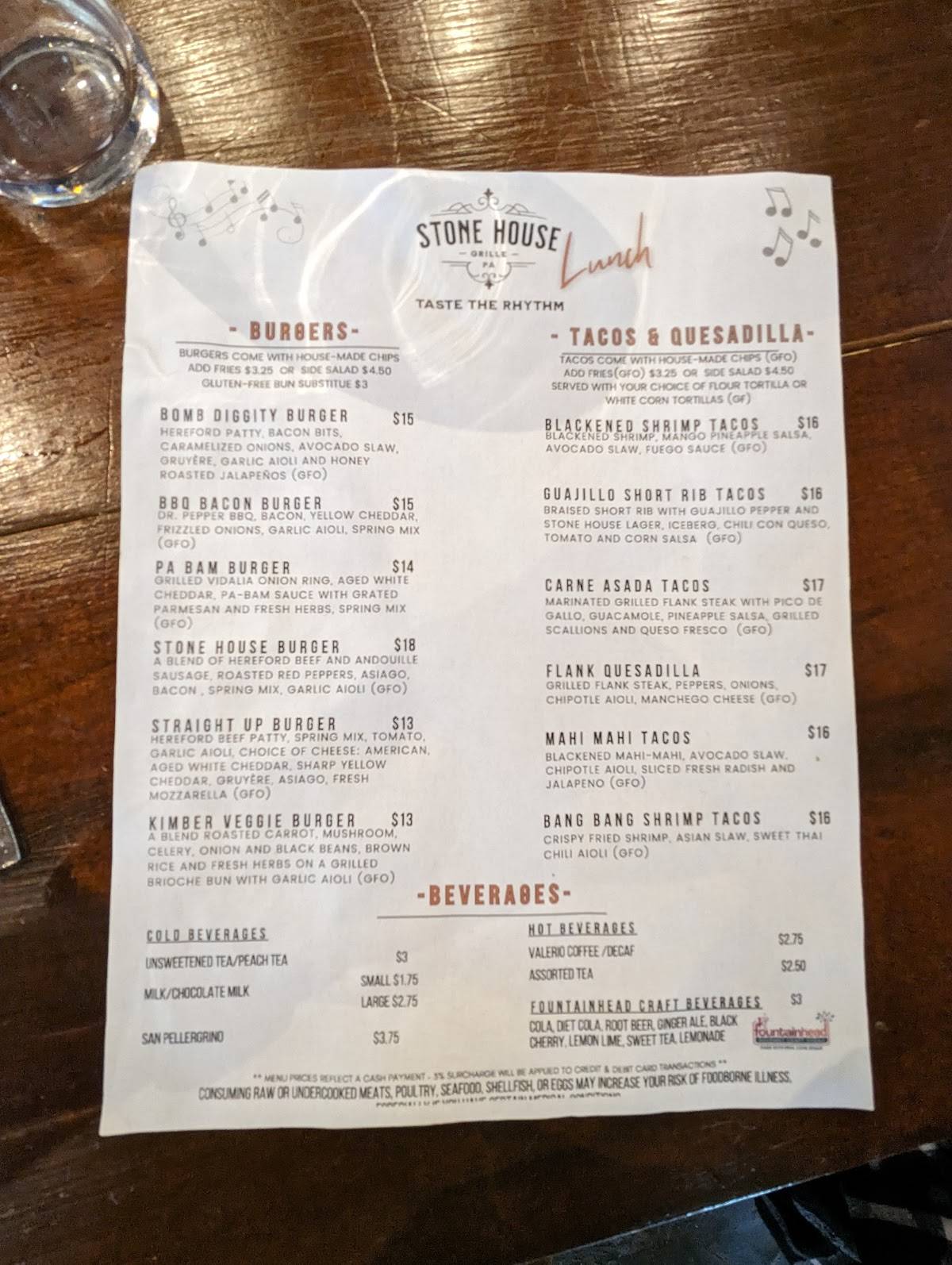 Menu at Stone House Grille restaurant, Kimberton, Hares Hill Rd